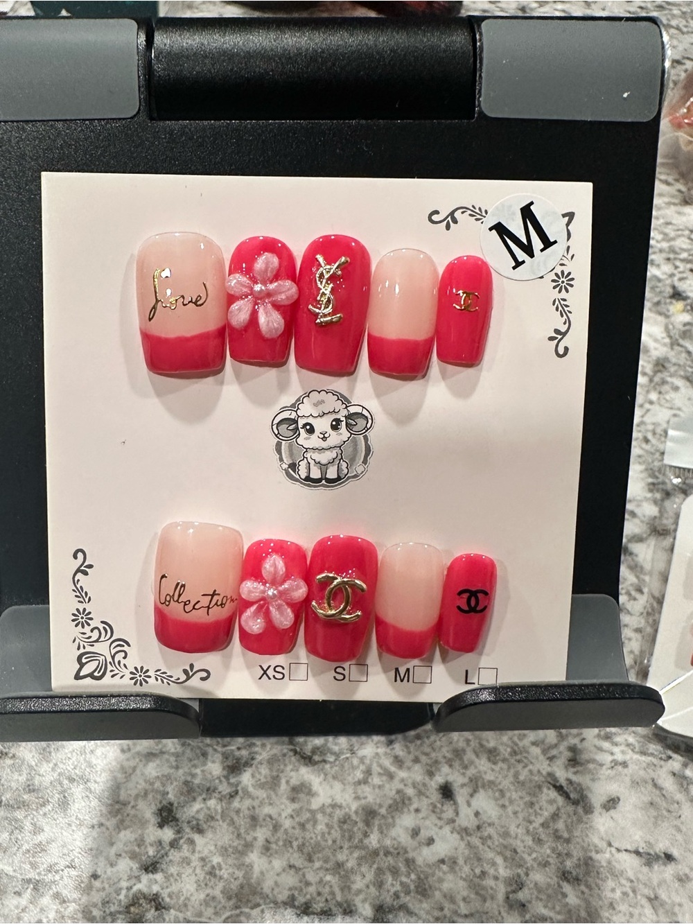 Pink French Tip Press-On Nails with Gold Chanel Accents